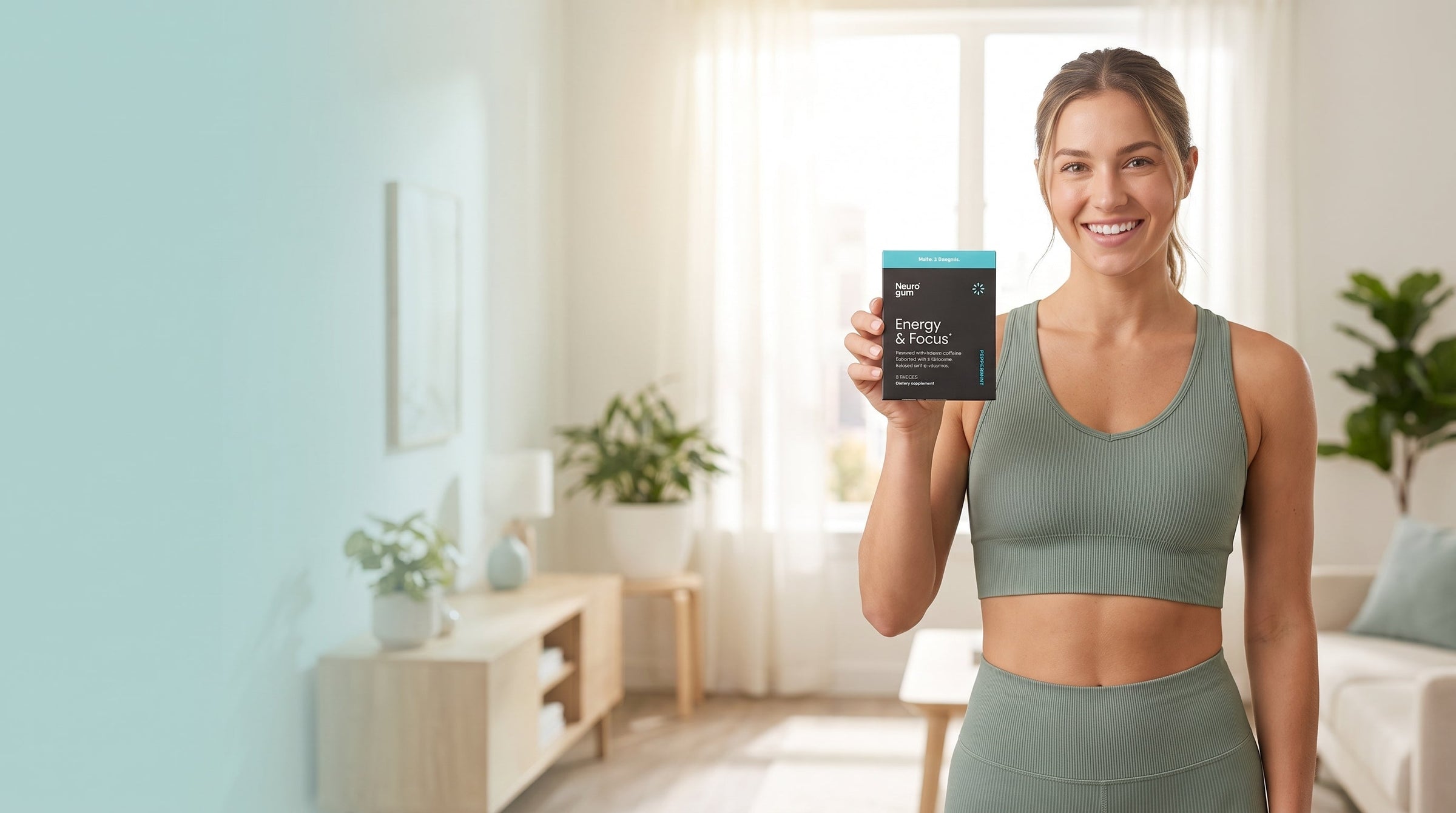 Woman in activewear holding a pack of Avysera Energy & Focus caffeine gum in a bright living room