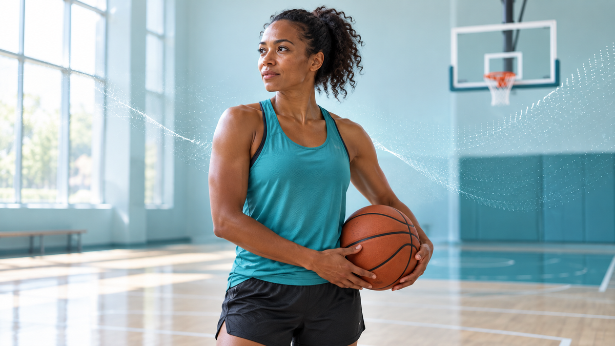 Woman holding a basketball beside an indoor basketball court