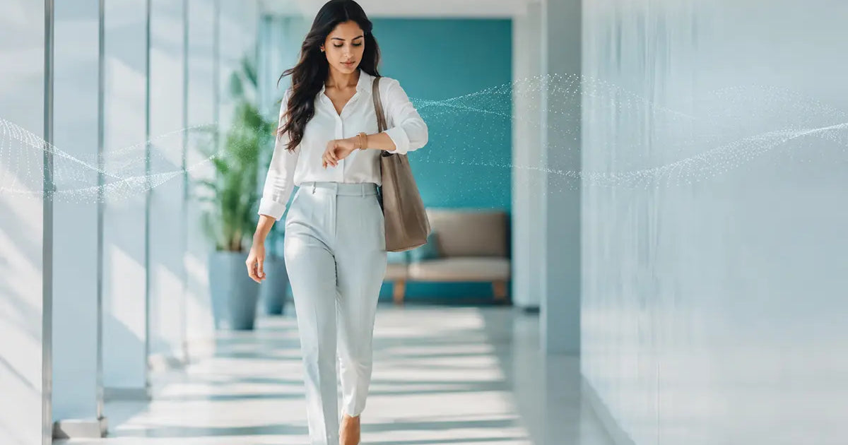Woman walking through a bright office hallway