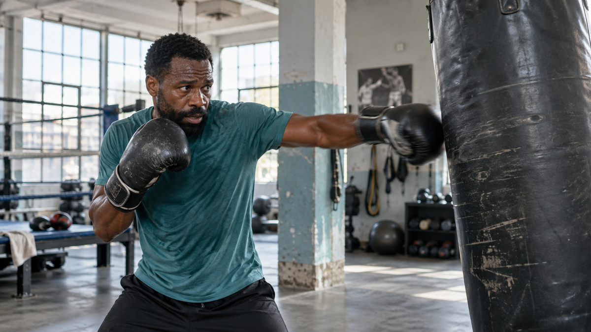 Man practising boxing on a heavy bag in a naturally lit gym