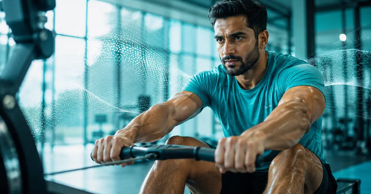Man training on a rowing machine in a gym