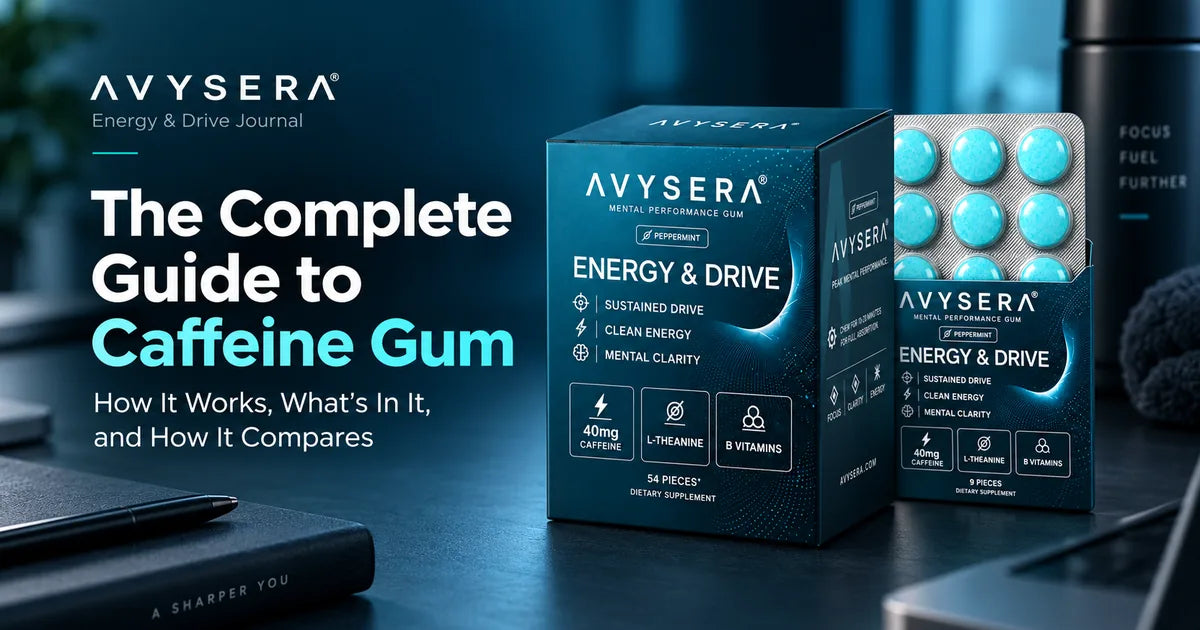 AVYSERA Energy & Drive caffeine gum guide with product box and 9-piece blister pack