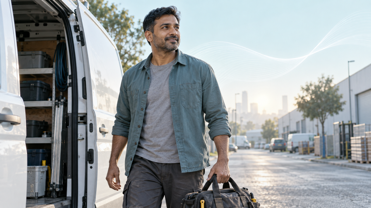 Tradesperson beginning his day beside a parked work van
