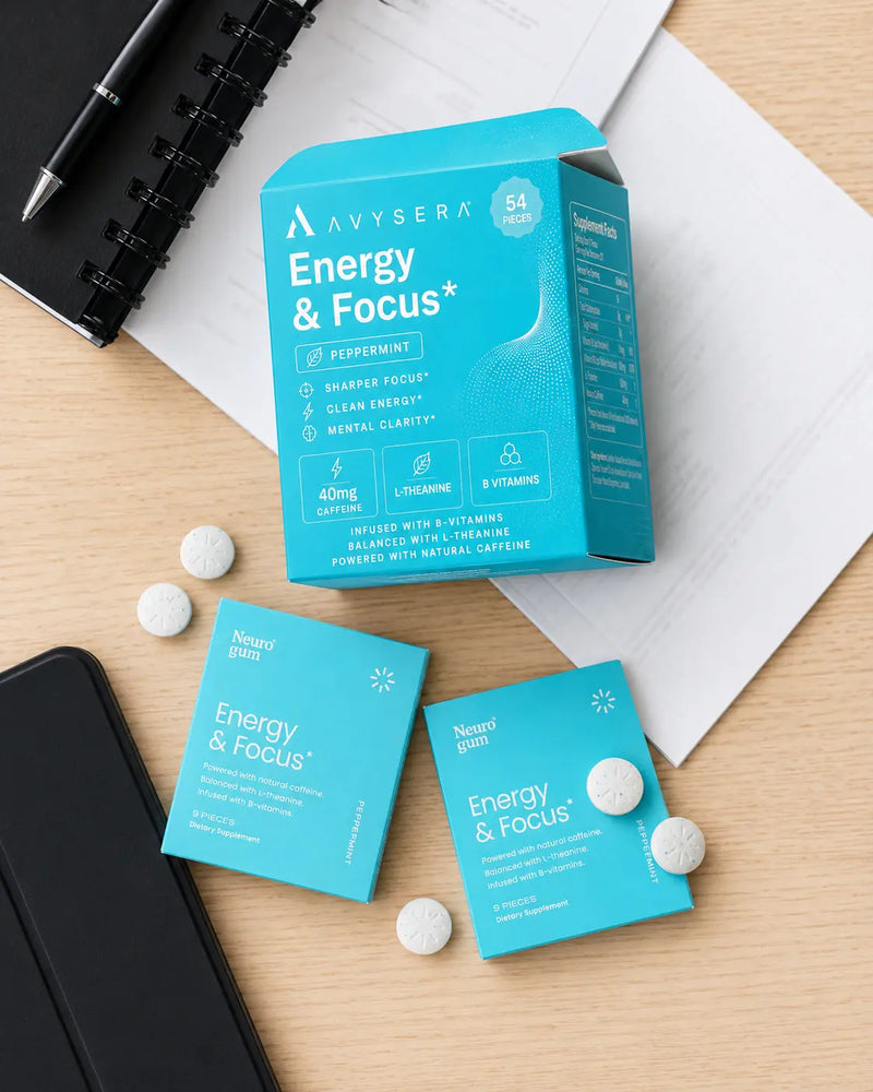 Avysera energy and focus gum on a work desk, tactics to stay sharp and focused at work