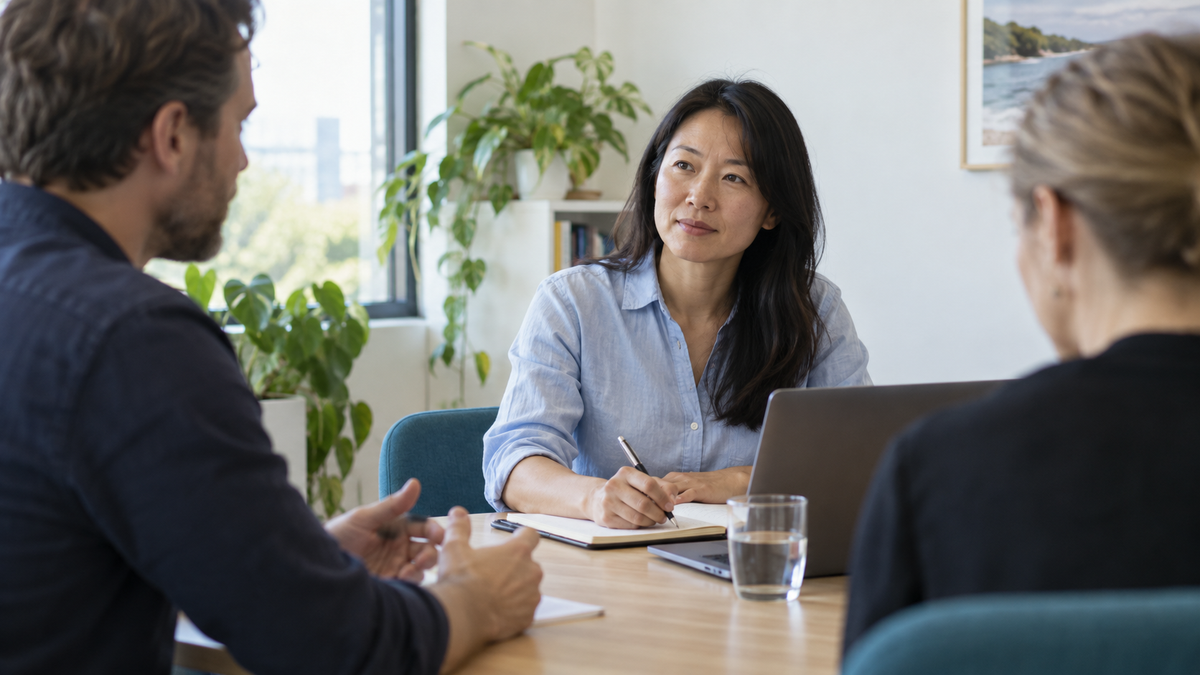 Woman listening and taking notes during an office meeting