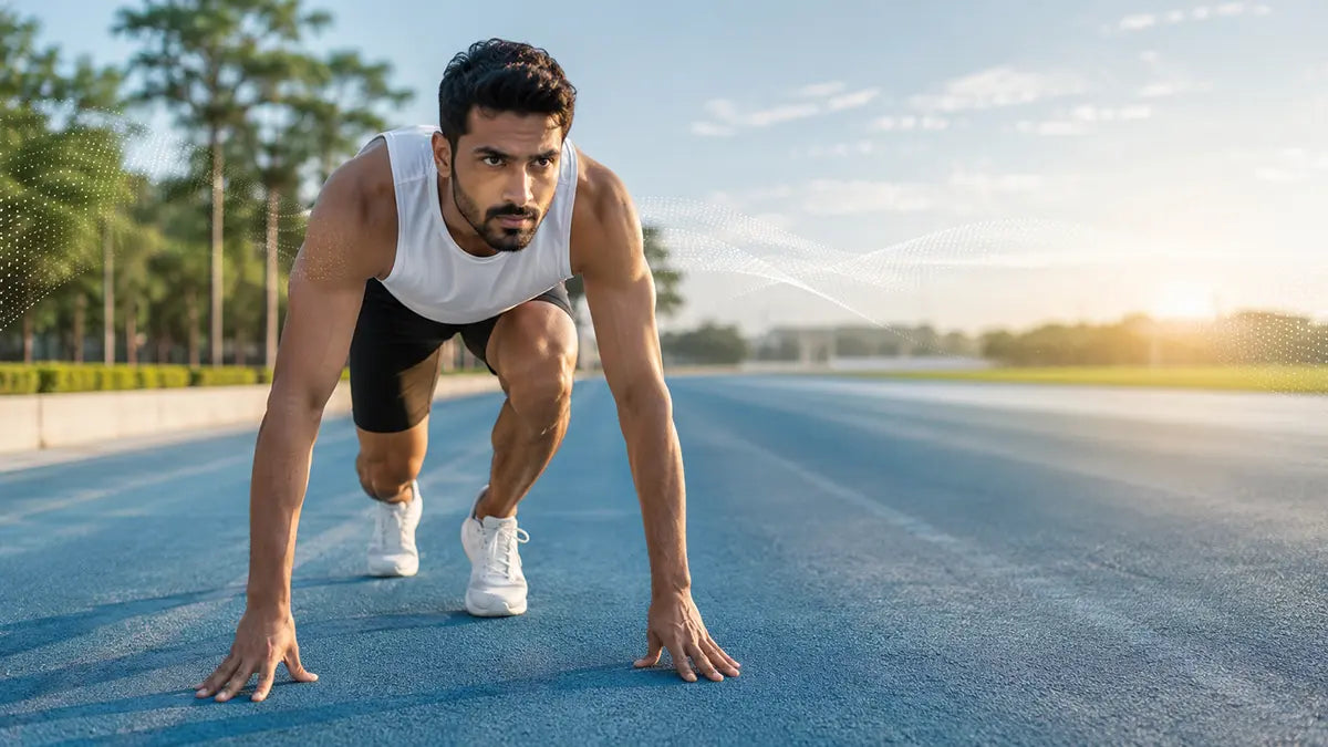 Athlete crouched and ready to sprint, showing the alertness needed to stay awake on a long drive
