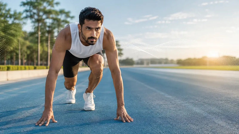 Athlete crouched and ready to sprint, showing the alertness needed to stay awake on a long drive
