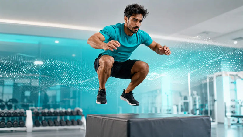 Man performing explosive box jumps, showing how fast caffeine gum works