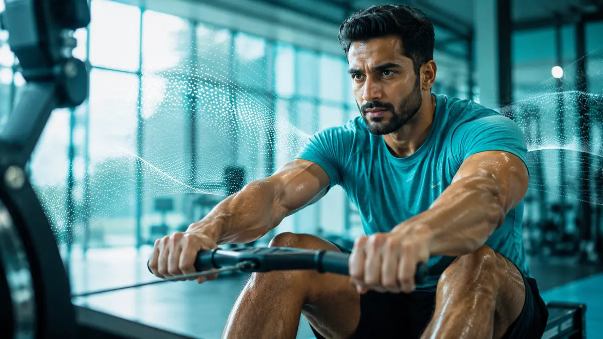 Man rowing on a gym machine, weighing caffeine gum against coffee for steady, lasting energy