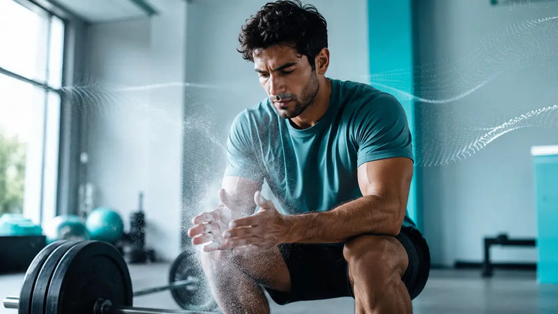 Man lifting a barbell in the gym, powered by a pre-workout caffeine gum before training