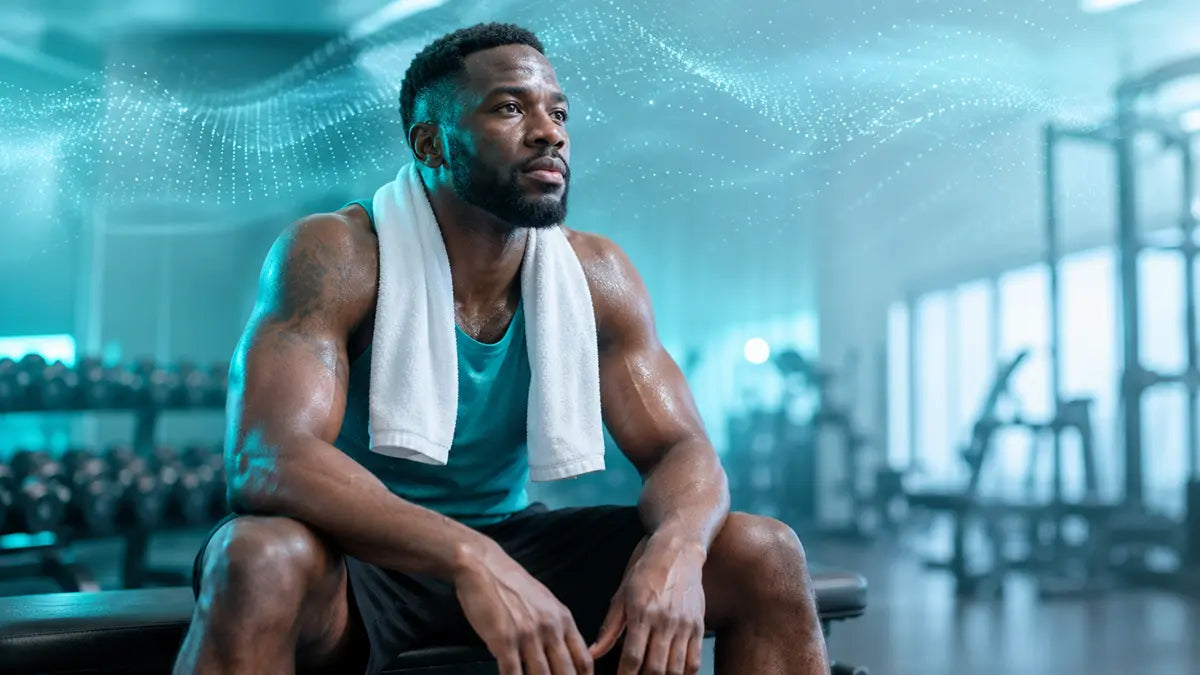 Tired man resting with a towel at the gym, finding motivation to train when exhausted