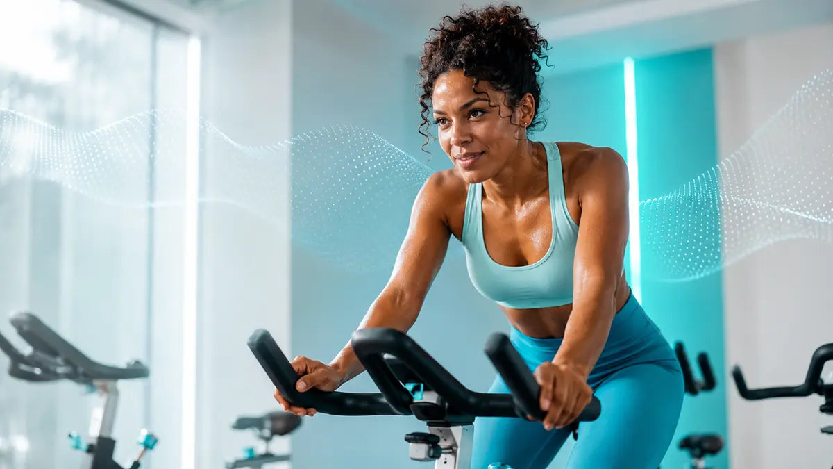 Woman cycling indoors with natural energy, showing how B vitamins B6 and B12 support energy