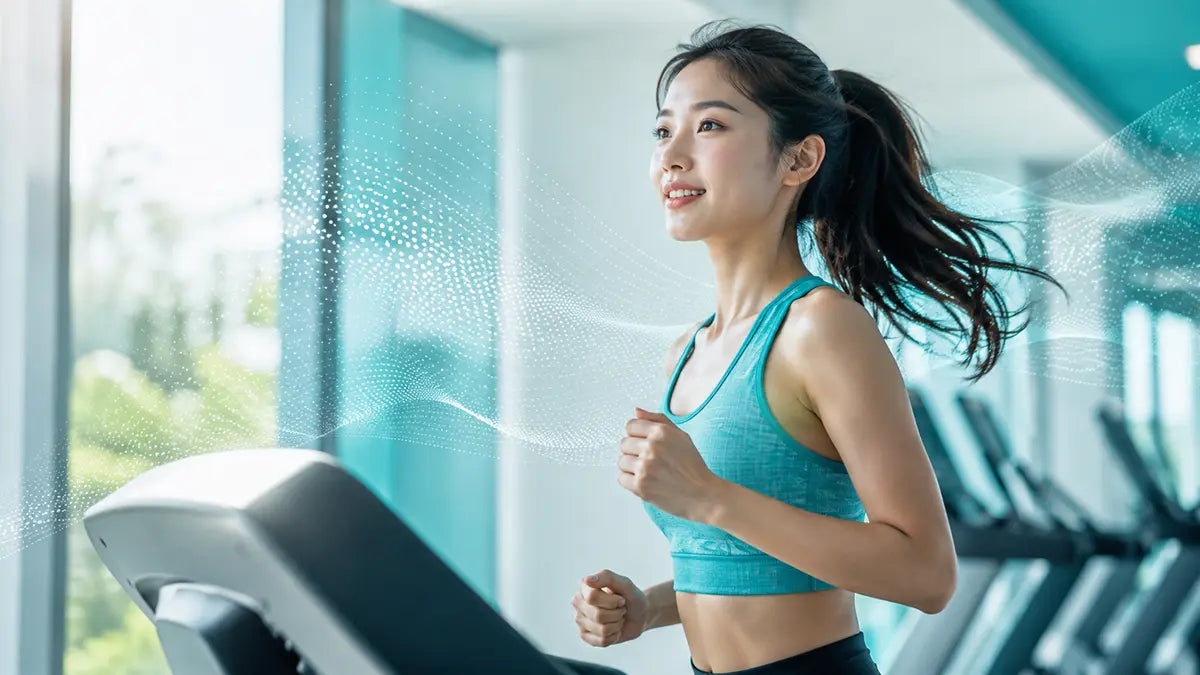 Woman jogging at a steady pace on a treadmill, illustrating a safe daily caffeine amount