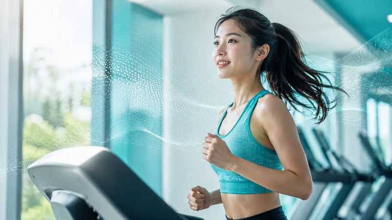 Woman jogging at a steady pace on a treadmill, illustrating a safe daily caffeine amount
