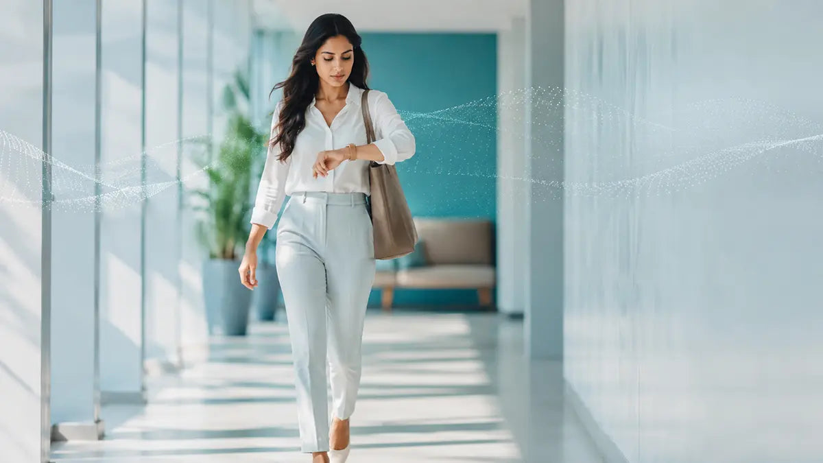 Woman walking briskly down an office hallway to beat the afternoon slump at work