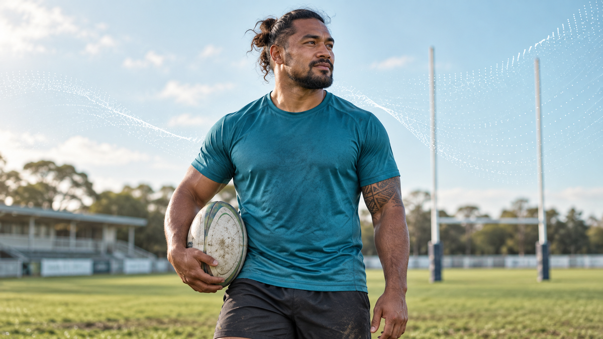 Rugby player holding an oval rugby ball beside a rugby pitch