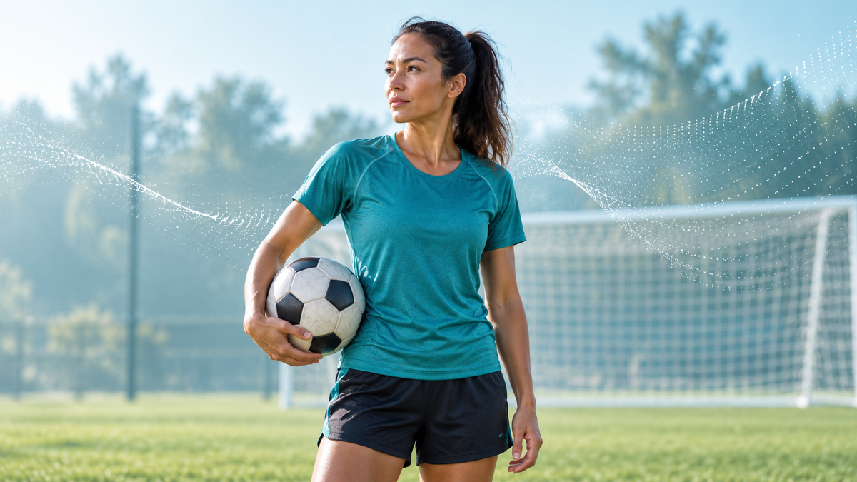 Woman holding a soccer ball on a football pitch