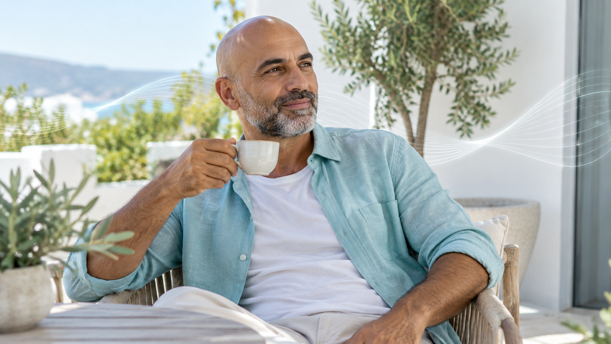 Man enjoying a quiet morning on a terrace